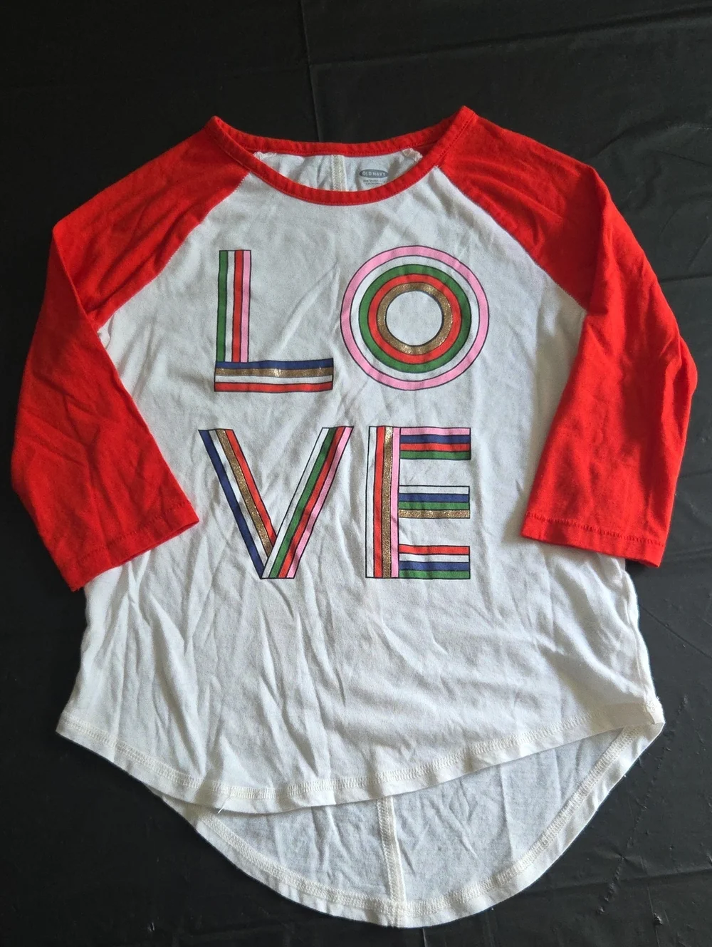 Old Navy White and Red Raglan Long Sleeve Tee with Multicolor LOVE Graphic